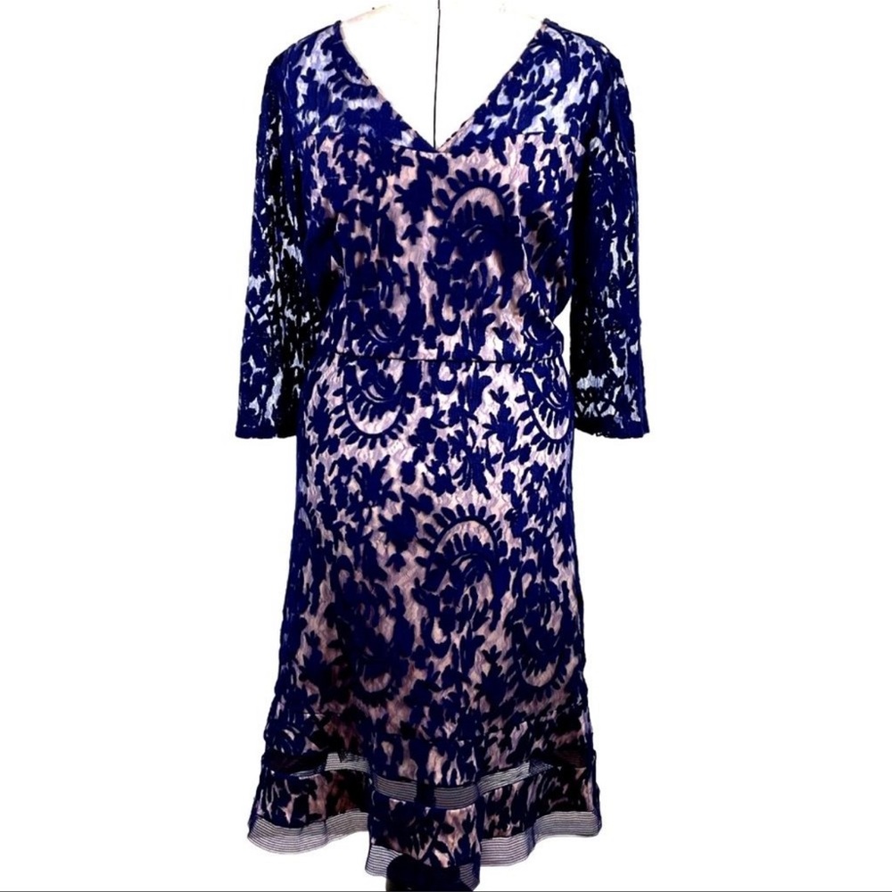 Adrianna Papell - Navy Lace Illusion dress with sleeves (Size 20W runs large)